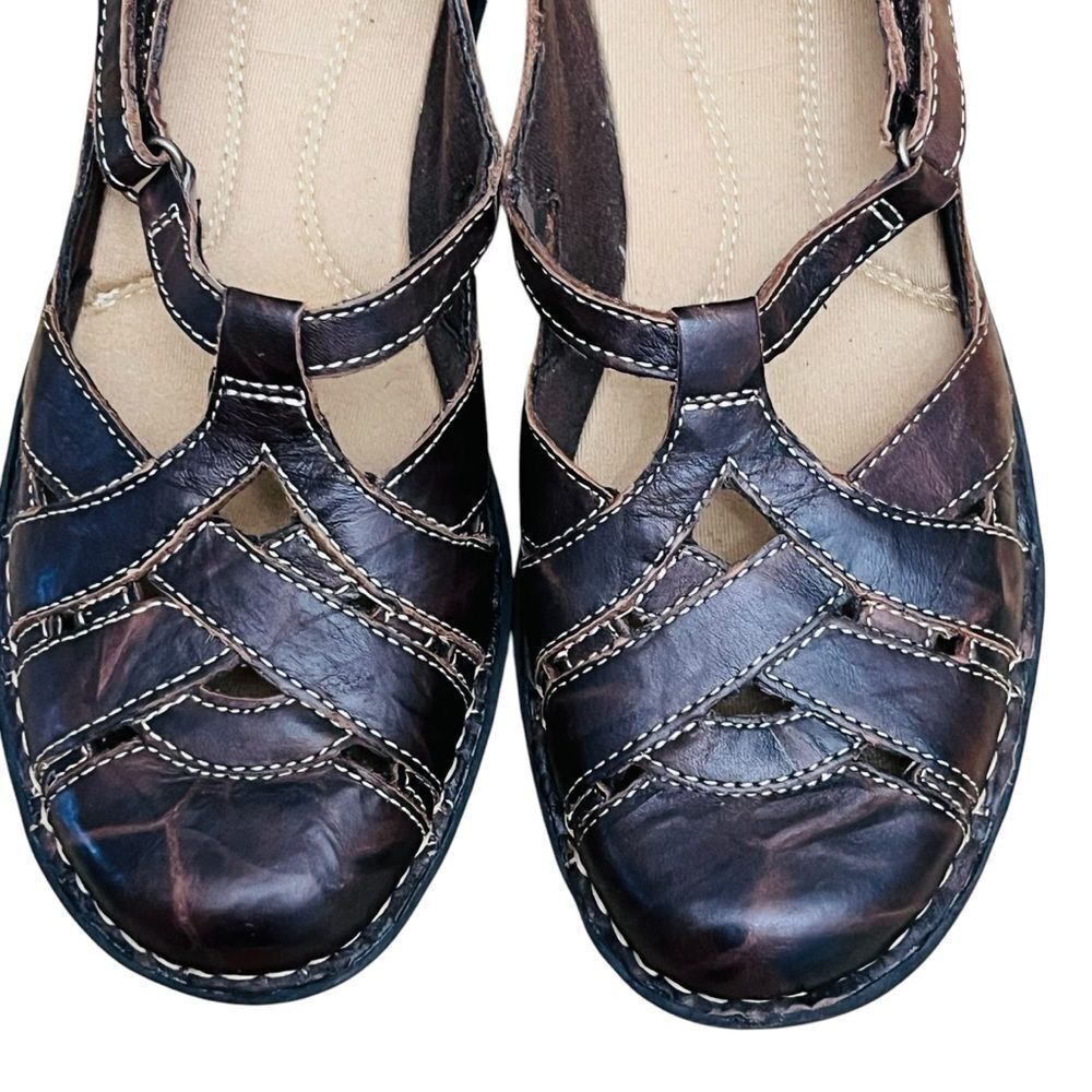 Clarks Merry Jane Brown Leather Shoes Bendables Strap Flat Stitched - Picture 5 of 10